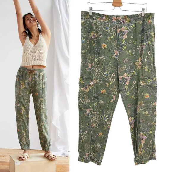 Anthropologie Classic Seamed Joggers‎ Pants Floral Linen Blend Green Size Large - Picture 1 of 14